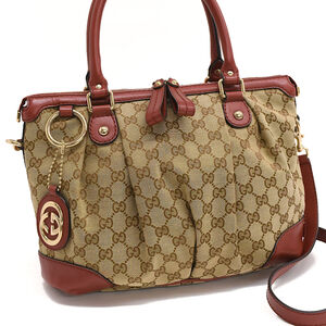 Gucci Sukey Handbag Shoulder Bag GG Canvas Beige Red Brown